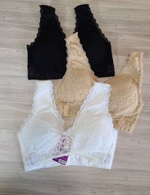 3 Pack Lace Bralette Set L Wireless Comfort Bra Black Nude White Stretch